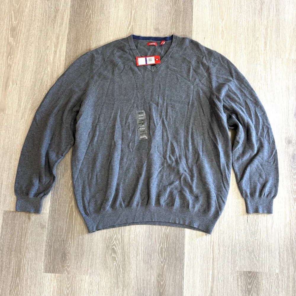 NWT IZOD Grey Cotton V-Neck Pullover Sweater Men's Size 2 XLT